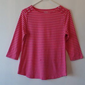 Studio Works Striped Shirt Small Pink White Horizontal Stripes Top 3/4 Sleeves